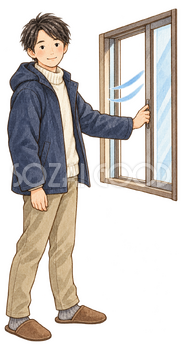 窓を開けて換気する成人男性の水彩イラスト｜冬の生活習慣の無料素材 104887