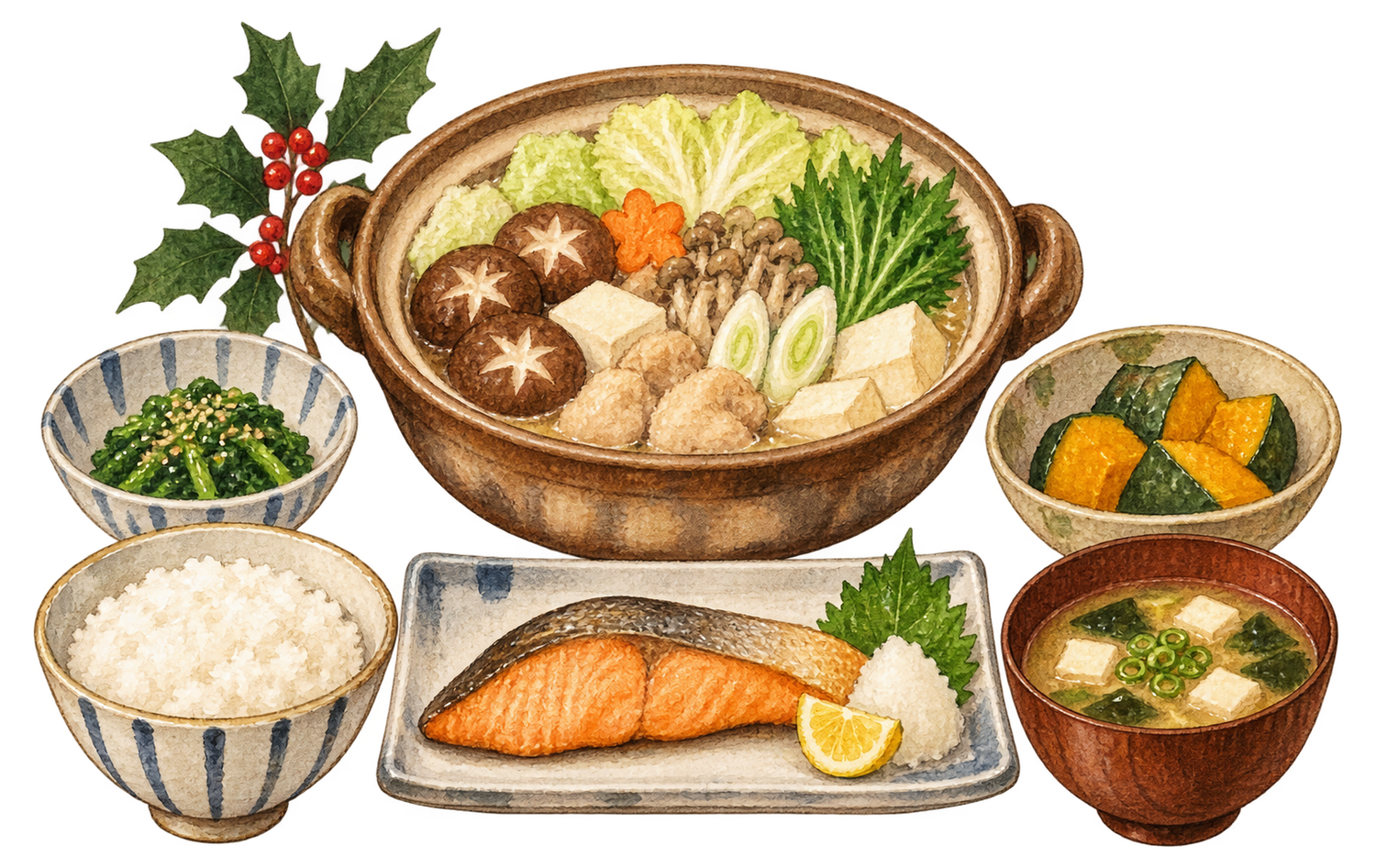 バランスのよい冬の食卓の水彩イラスト｜冬の生活習慣の無料素材 104891に写真・文字を入れる
