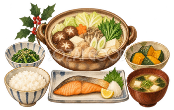 バランスのよい冬の食卓の水彩イラスト｜冬の生活習慣の無料素材 104891