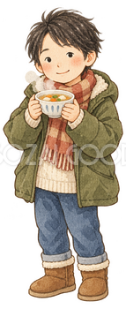 温かいスープを飲む子どもの水彩イラスト｜冬の生活習慣の無料素材 104892