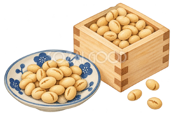 豆の小皿と木の升の水彩イラスト｜節分の無料素材 104906