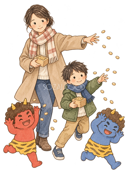 豆まきをする親子二人イラスト 豆まきをする親子二人イラスト