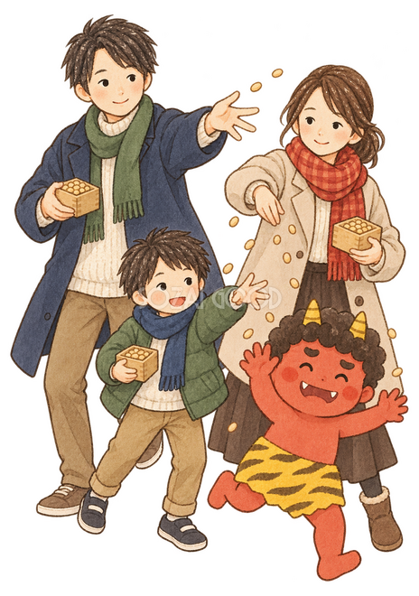 豆まきをする家族三人イラスト 豆まきをする家族三人イラスト