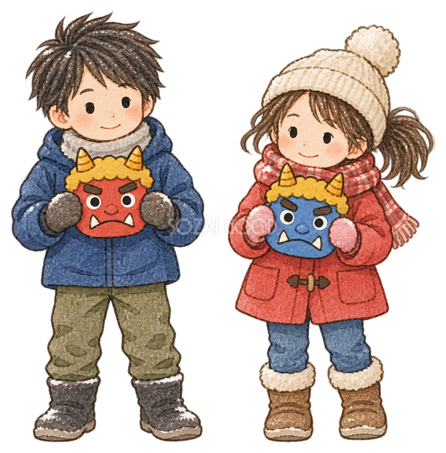 鬼のお面を持つ子ども二人イラスト