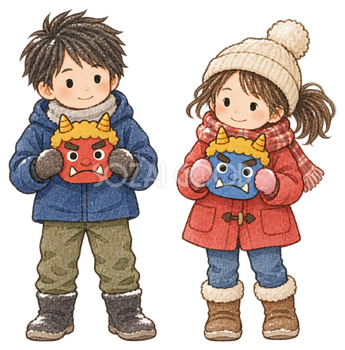 鬼のお面を持つ子ども二人の水彩イラスト｜節分の無料素材 104912