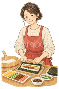 恵方巻を作る女性の水彩イラスト｜節分の無料素材 104918
