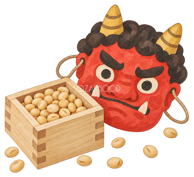 節分の豆と赤鬼のお面イラスト 節分の豆と赤鬼のお面イラスト