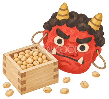 節分の豆と赤鬼のお面の水彩イラスト｜節分の無料素材 104919