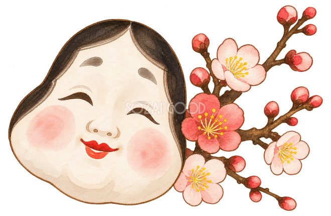 お多福と梅の枝イラスト お多福と梅の枝イラスト