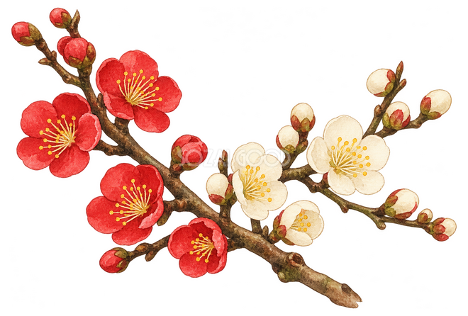 紅白の梅の小枝イラスト