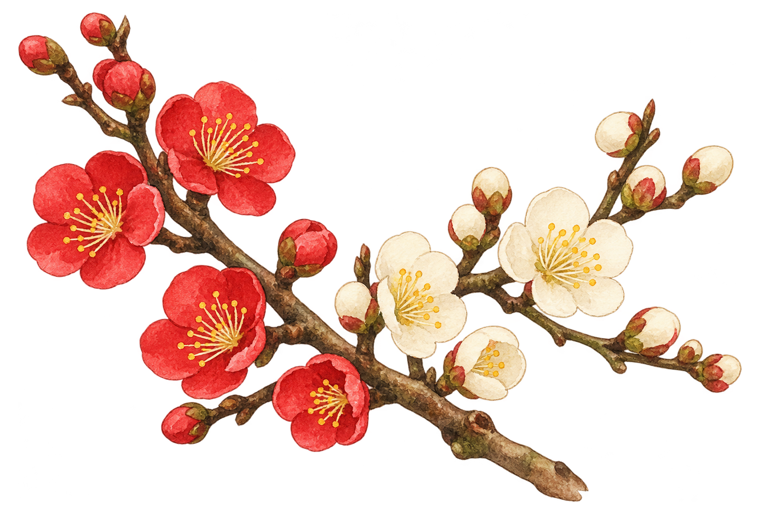 紅白の梅の小枝の水彩イラスト｜節分の無料素材 104921に写真・文字を入れる