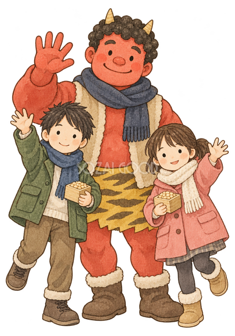 鬼と子ども二人が仲良く手を振る三人イラスト 鬼と子ども二人が仲良く手を振る三人イラスト