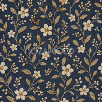 刺繍風の花模様・紺と淡い金｜無料背景イラスト素材 105524