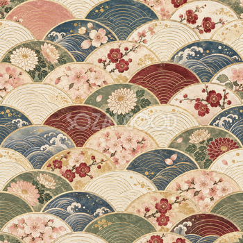 青海波と四季の花・四季の彩り｜無料の和風背景イラスト素材 105650