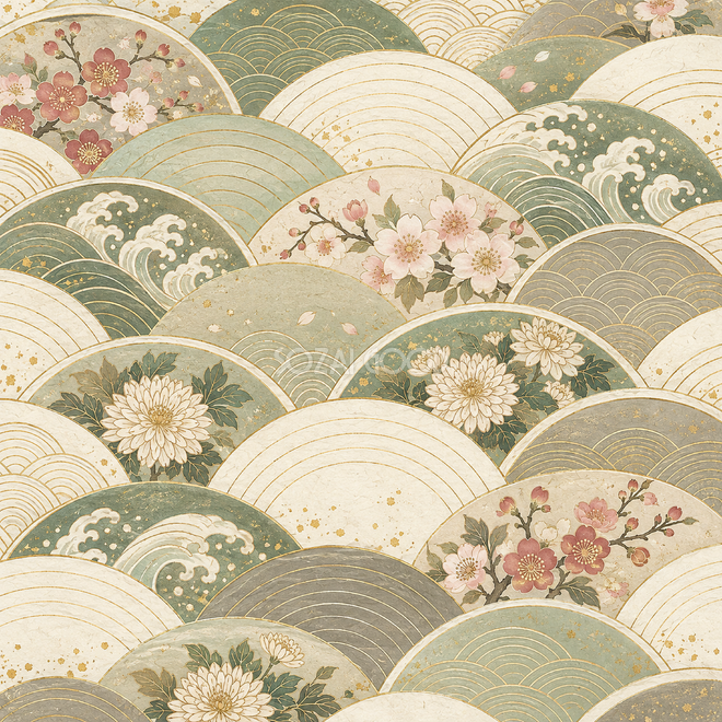 青海波と四季の花の背景03 青海波と四季の花の背景03