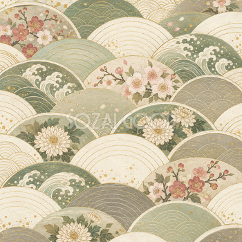 青海波と四季の花・セージグリーン｜無料の和風背景イラスト素材 105652