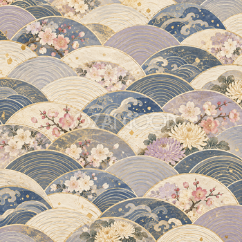 青海波と四季の花・青灰色｜無料の和風背景イラスト素材 105654