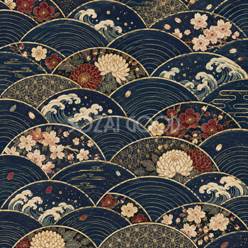 青海波と四季の花・紺と淡い金｜無料の和風背景イラスト素材 105656
