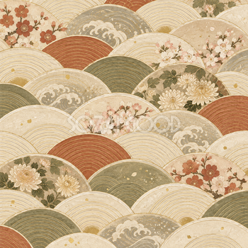 青海波と四季の花・生成りと落ち着いた色｜無料の和風背景イラスト素材 105658