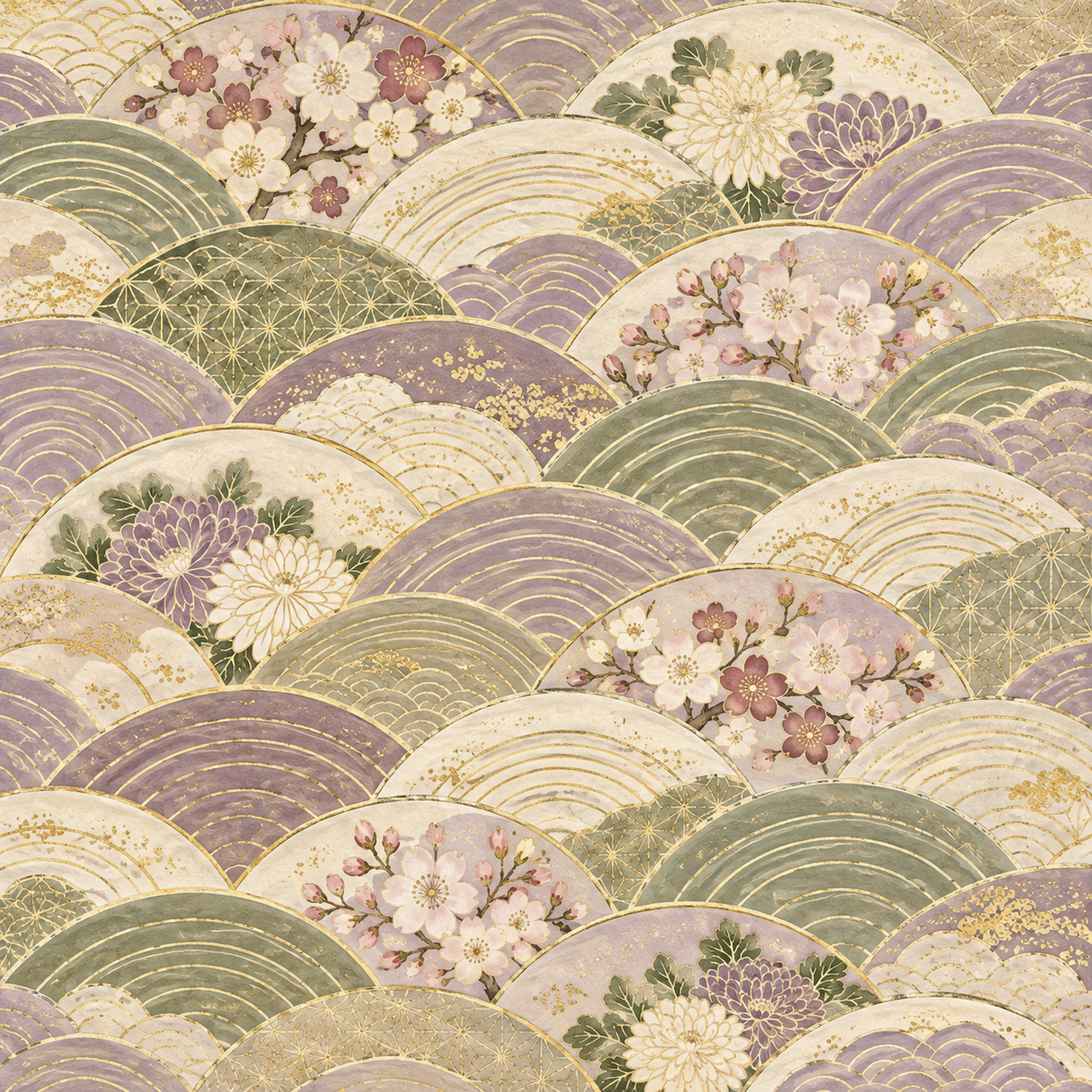 青海波と四季の花・淡い藤色｜無料の和風背景イラスト素材 105660に写真・文字を入れる
