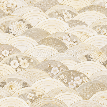 青海波と四季の花・明るい白と淡い金｜無料の和風背景イラスト素材 105661