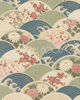 青海波と四季の花・縦長の細かな柄｜無料の和風背景イラスト素材 105663