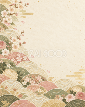 青海波と四季の花・縦長の余白付き｜無料の和風背景イラスト素材 105665