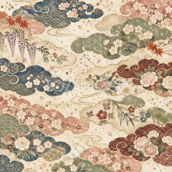 雲と四季の花・四季の彩り｜無料の和風背景イラスト素材 105679