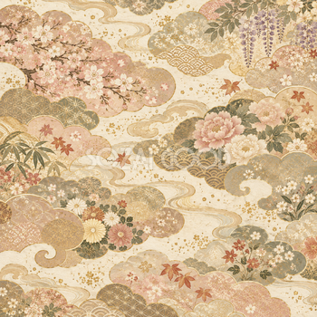 雲と四季の花・くすみピンク｜無料の和風背景イラスト素材 105681