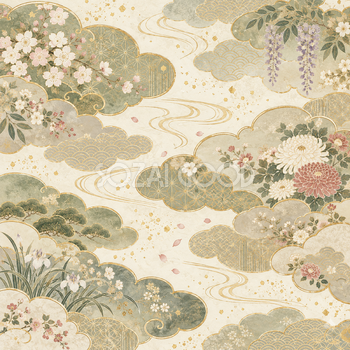 雲と四季の花・セージグリーン｜無料の和風背景イラスト素材 105683