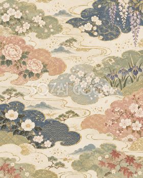 雲と四季の花・縦長の細かな柄｜無料の和風背景イラスト素材 105695