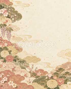 雲と四季の花・縦長の余白付き｜無料の和風背景イラスト素材 105697
