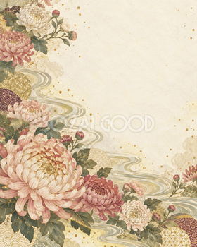 菊と流水・縦長の余白付き｜無料の和風背景イラスト素材 105721