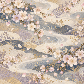 桜と霞・青灰色｜無料の和風背景イラスト素材 105734