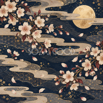 桜と霞・紺と淡い金｜無料の和風背景イラスト素材 105735