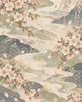 桜と霞・縦長の細かな柄｜無料の和風背景イラスト素材 105743