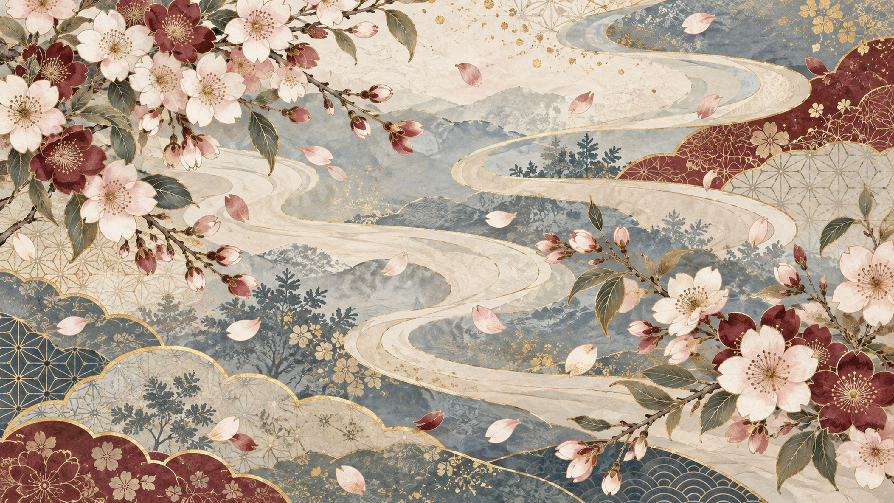 桜と霞・横長の華やかな柄｜無料の和風背景イラスト素材 105746に写真・文字を入れる