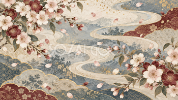 桜と霞・横長の華やかな柄｜無料の和風背景イラスト素材 105746