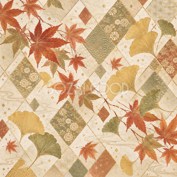 紅葉と重ね菱・生成りと落ち着いた色｜無料の和風背景イラスト素材 105764
