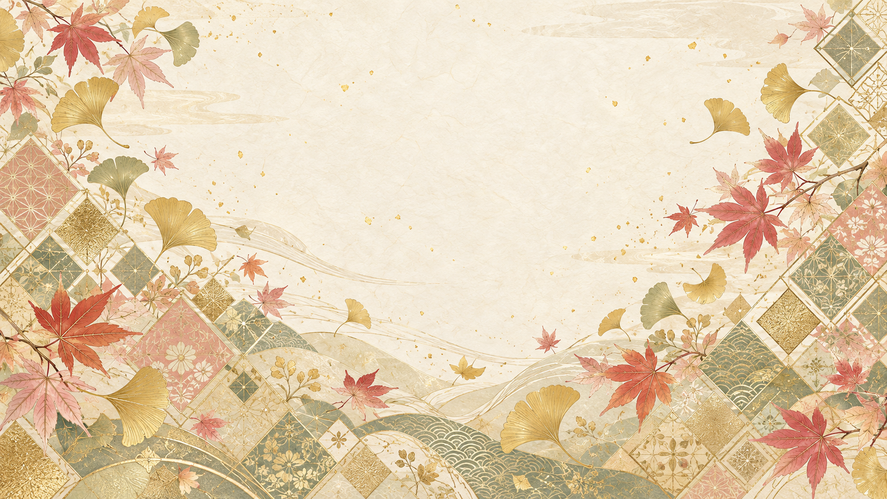 紅葉と重ね菱・横長の余白付き｜無料の和風背景イラスト素材 105775に写真・文字を入れる