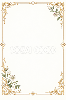 白い花と金飾り・対角に花を添えた縦長｜上品なフレームの無料イラスト素材 105790