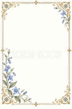 青い花と金飾り・対角に花を添えた縦長｜上品なフレームの無料イラスト素材 105816