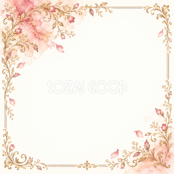 ローズ水彩と金飾り・左上に広がる花飾り｜上品なフレームの無料イラスト素材 105821