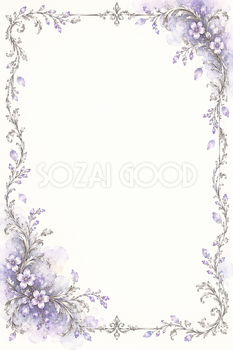 藤色水彩と銀飾り・対角に花を添えた縦長｜上品なフレームの無料イラスト素材 105855