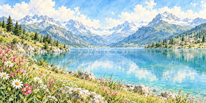 花咲く湖畔の水彩風景