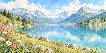 花咲く湖畔｜アルプスと湖の無料水彩風景イラスト素材 105857