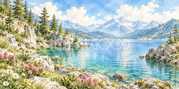 岩の入り江｜アルプスと湖の無料水彩風景イラスト素材 105858