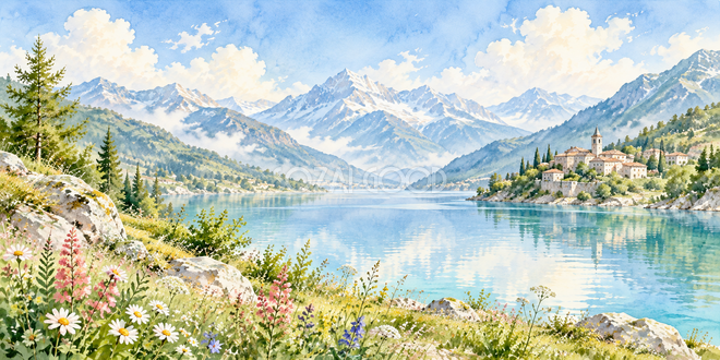 村を望む岸辺の水彩風景