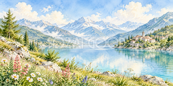 村を望む岸辺｜アルプスと湖の無料水彩風景イラスト素材 105859