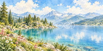 針葉樹の岬｜アルプスと湖の無料水彩風景イラスト素材 105861